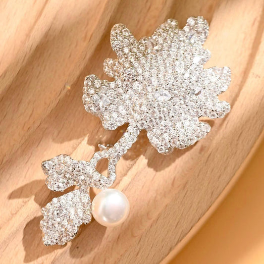 Morado Platinum Plated Sterling Silver Floral Brooch, Cubic Zirconia Pearl Statement Pin