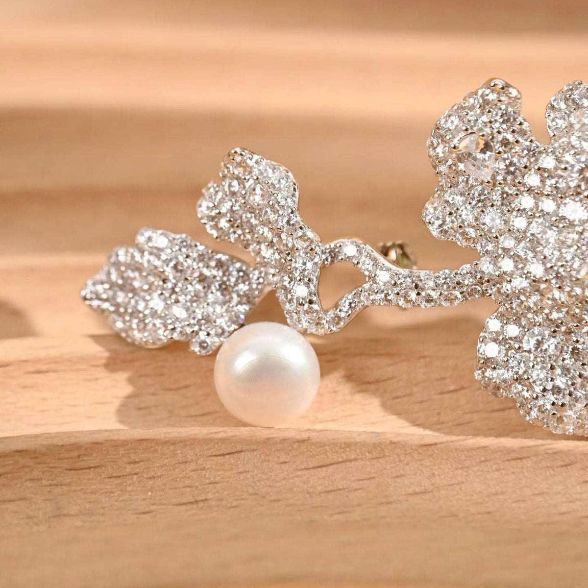 Morado Platinum Plated Sterling Silver Floral Brooch, Cubic Zirconia Pearl Statement Pin