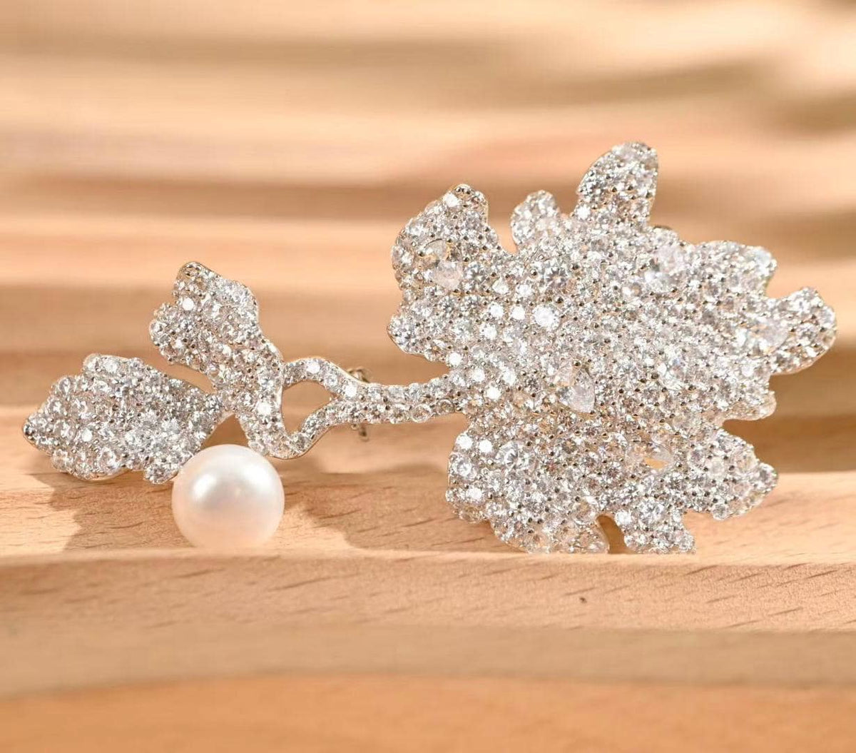 Morado Platinum Plated Sterling Silver Floral Brooch, Cubic Zirconia Pearl Statement Pin