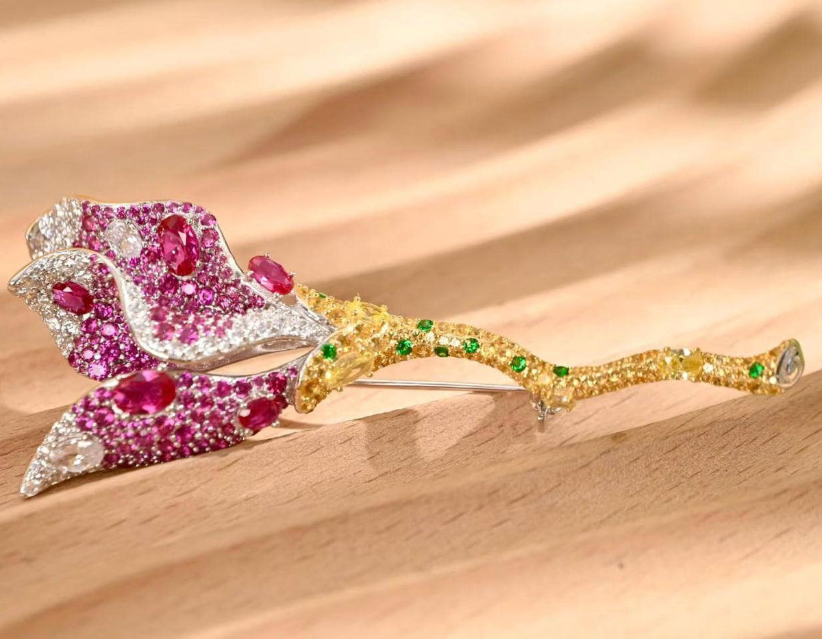 Morado Pink Zirconia Floral Brooch, Platinum Plated 925 Sterling Silver Luxury Statement Pin