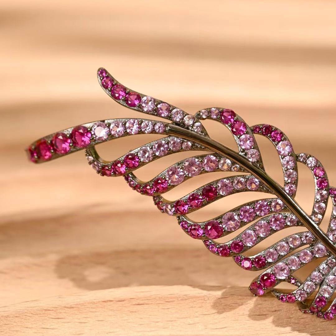Morado Gradient Pink Zirconia Feather Brooch, Platinum Plated 925 Sterling Silver Luxury Statement Pin