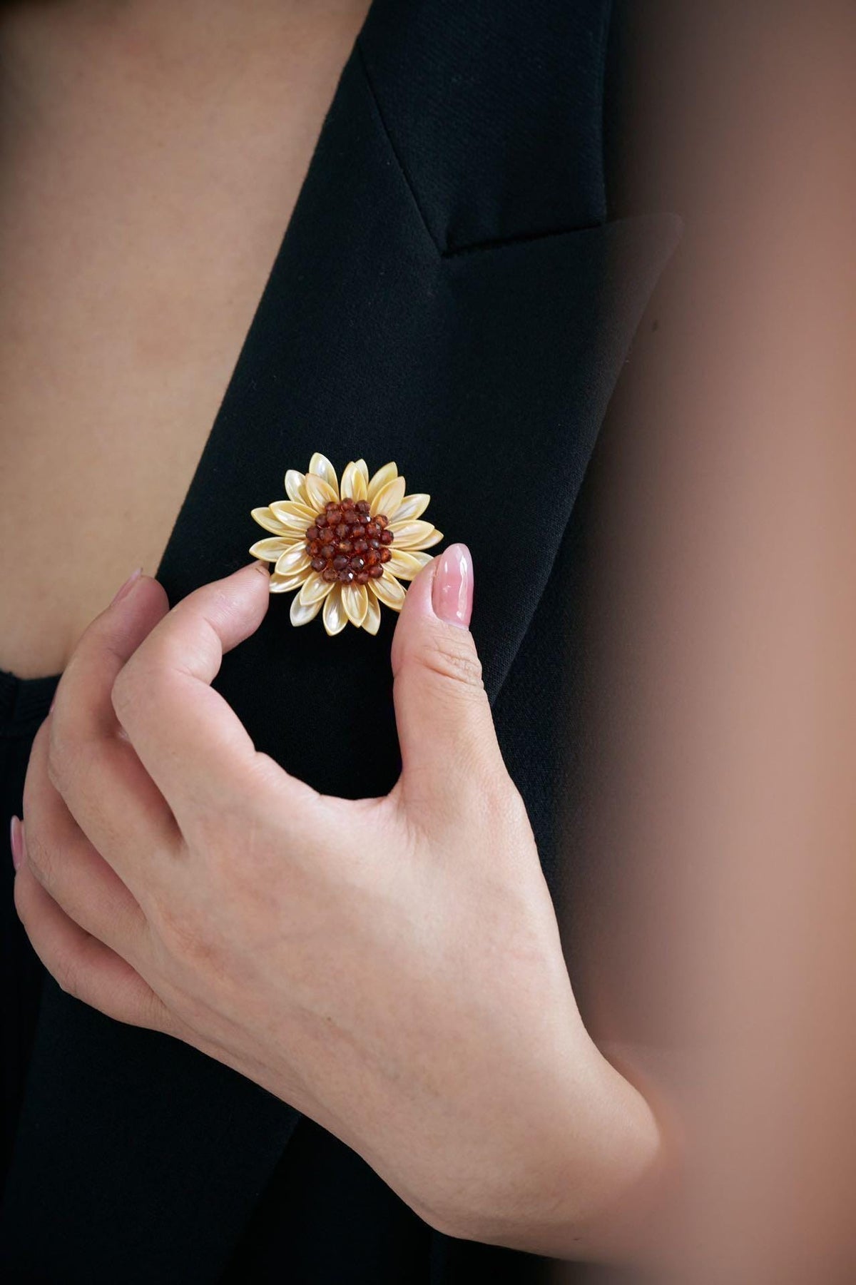 Morado Sunflower Brooch, Mother of Pearl & Garnet Flower Pin, Gold Plated Copper Floral Brooch