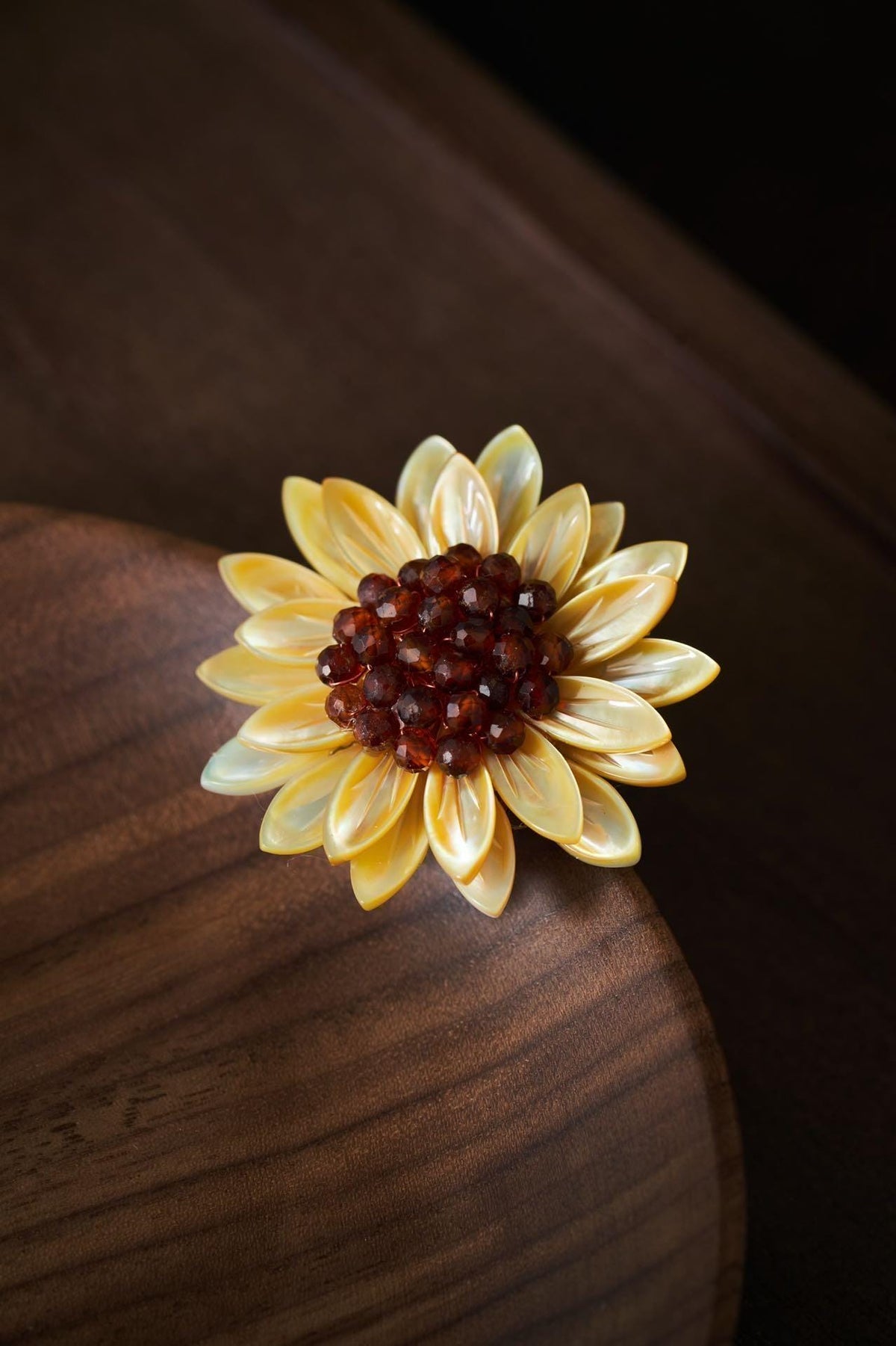 Morado Sunflower Brooch, Mother of Pearl & Garnet Flower Pin, Gold Plated Copper Floral Brooch