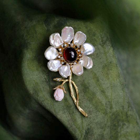 Morado Garnet Mother of Pearl Flower Brooch, Gold Plated Silver, Multi-Wear Pin