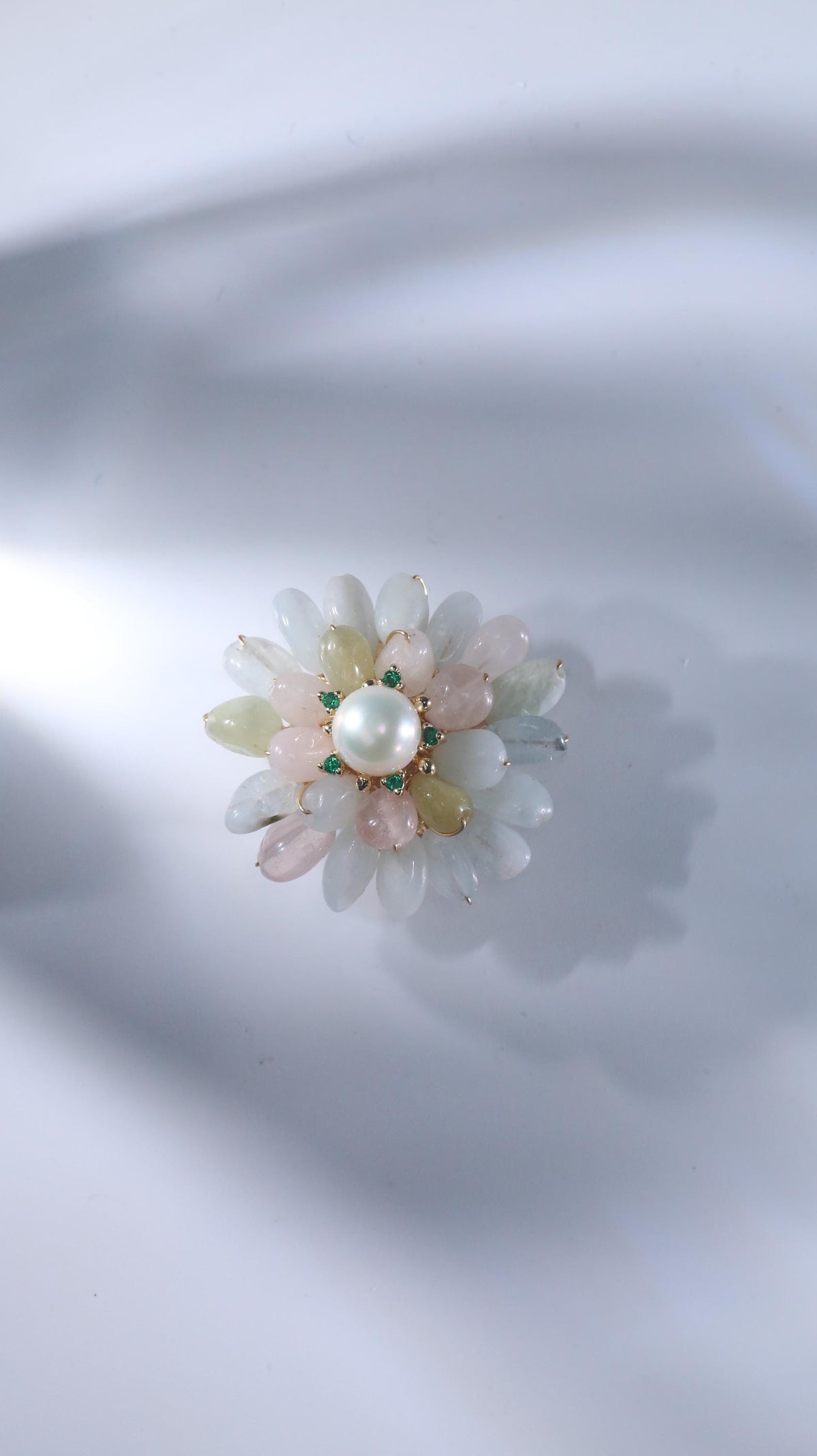 Morado Monet's Water Lily Brooch, Handmade Impressionist Jewelry with Fluorite & Pearls for Serene Creativity