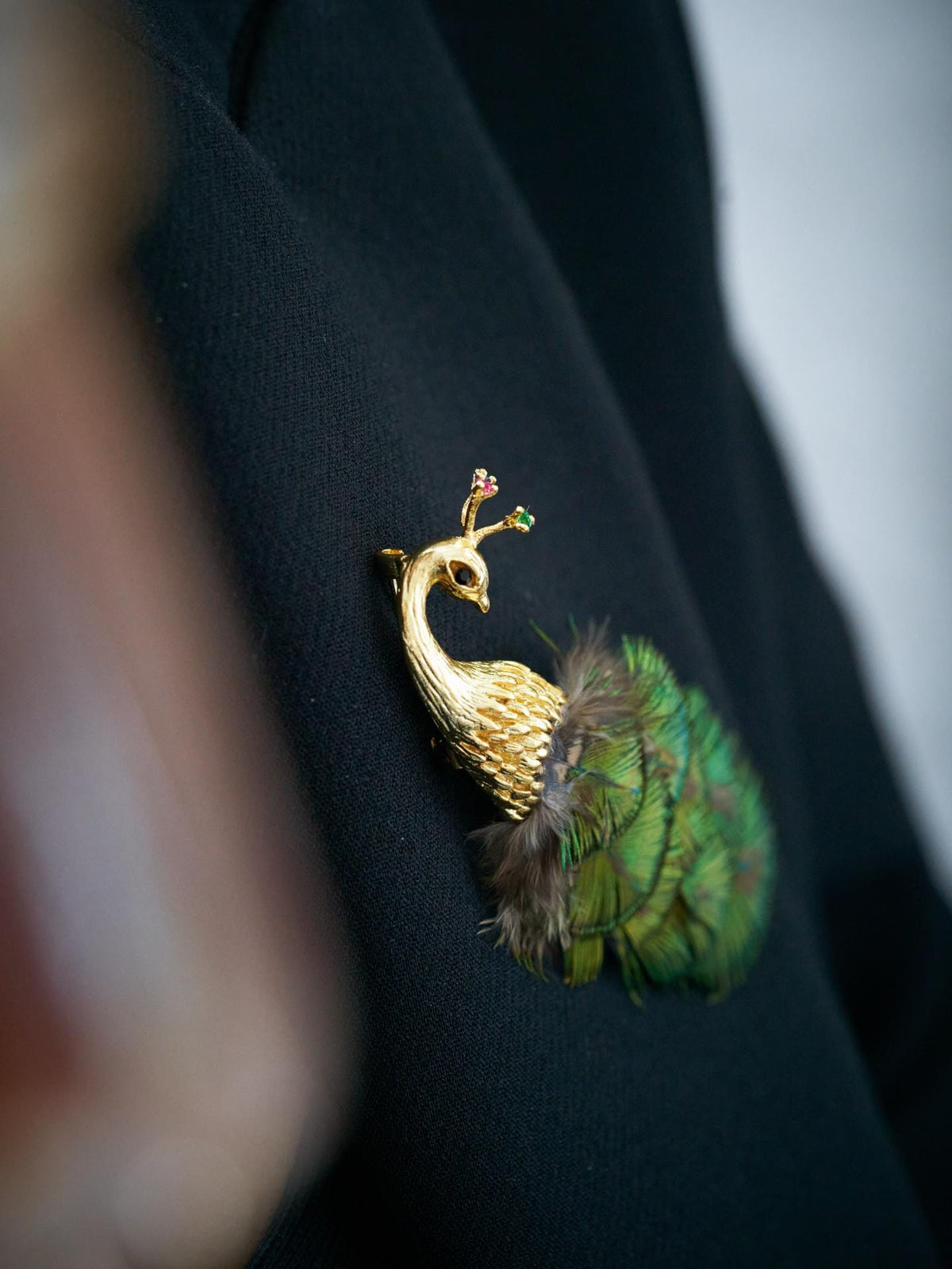 Morado Gold Plated Copper Peacock Brooch, Real Feather Statement Pin, Artistic Bird Jewelry