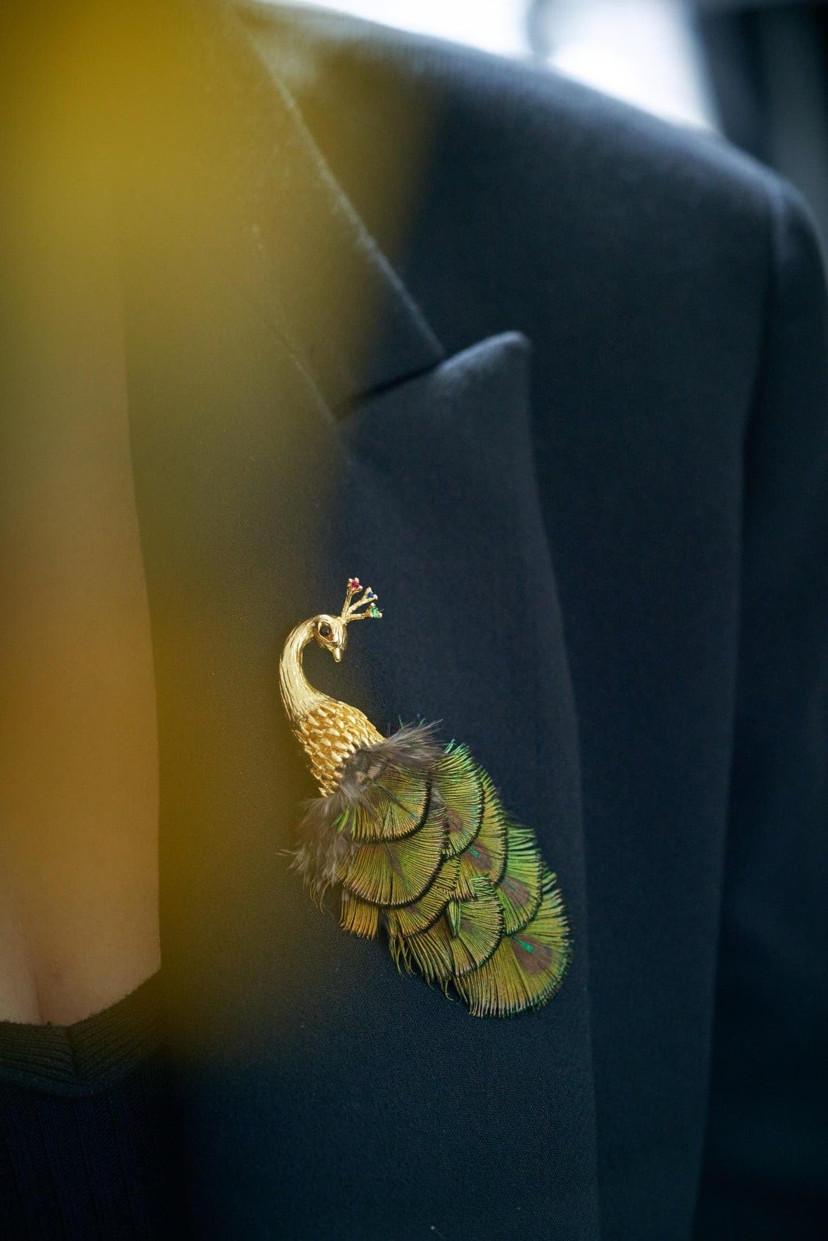 Morado Gold Plated Copper Peacock Brooch, Real Feather Statement Pin, Artistic Bird Jewelry