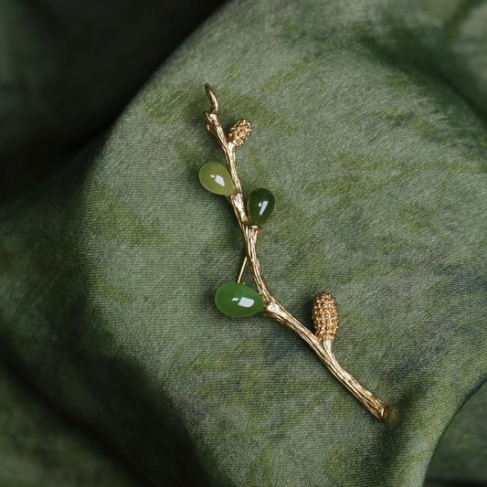 Morado Hand-Carved Green Jade Brooch, Gold-Plated Sterling Silver Branch Pin, Multi-wear design