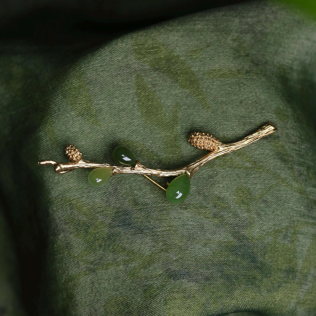 Morado Hand-Carved Green Jade Brooch, Gold-Plated Sterling Silver Branch Pin, Multi-wear design