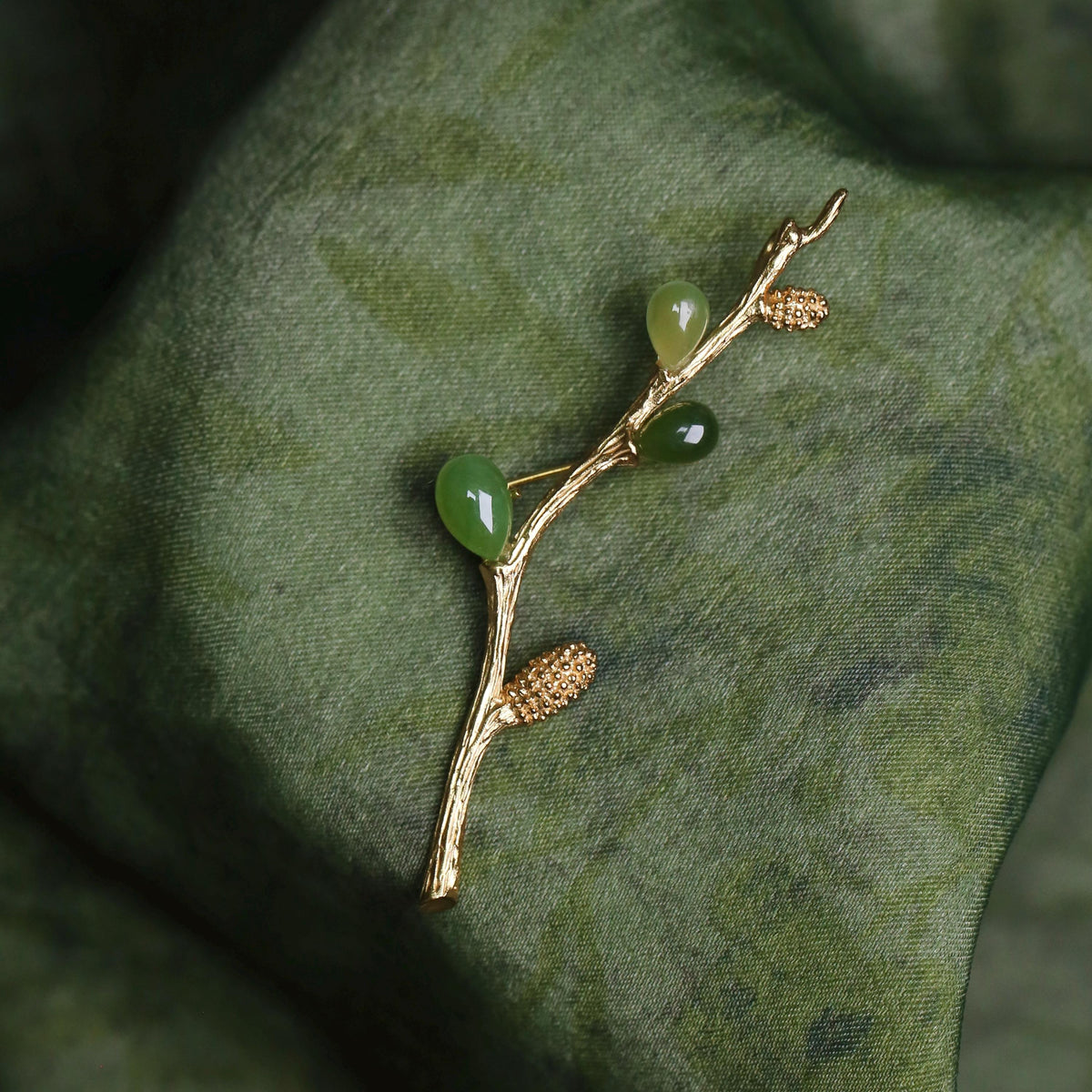 Morado Hand-Carved Green Jade Brooch, Gold-Plated Sterling Silver Branch Pin, Multi-wear design