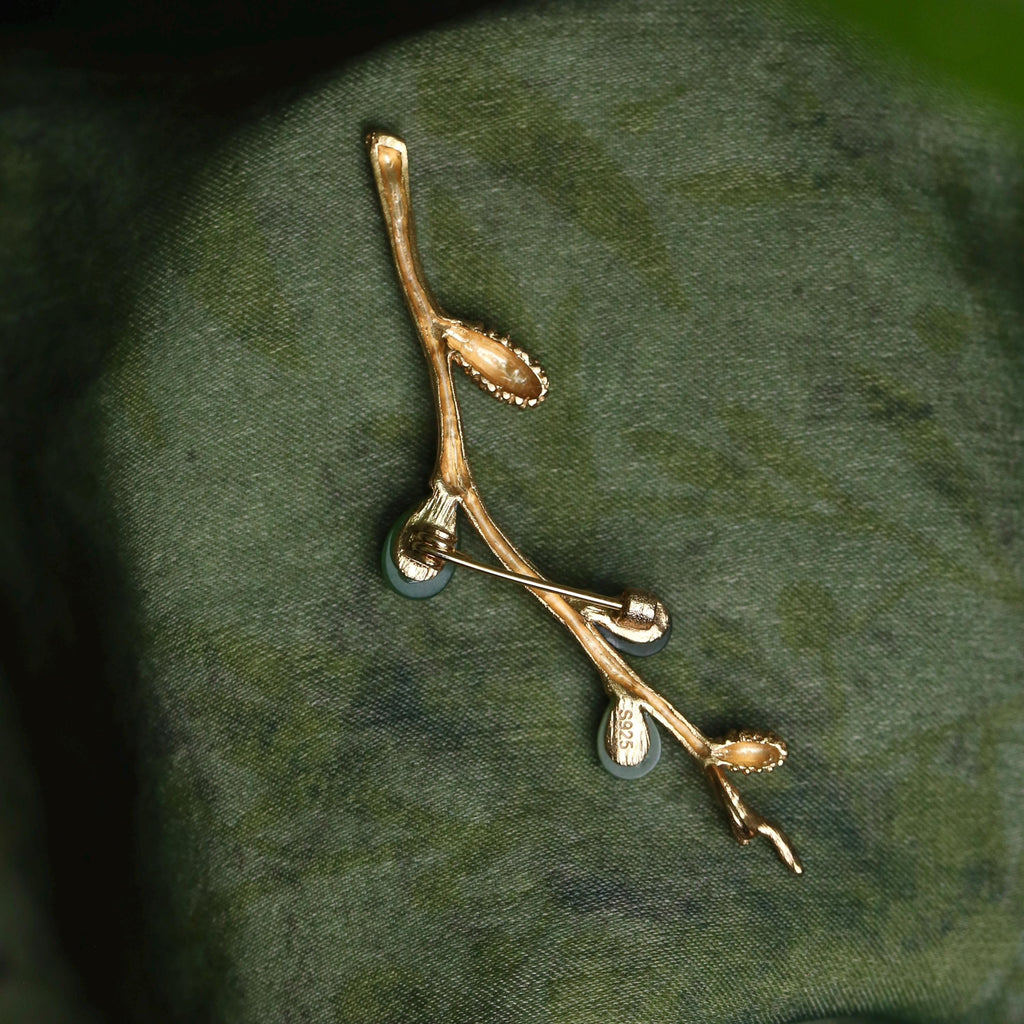 Morado Hand-Carved Green Jade Brooch, Gold-Plated Sterling Silver Branch Pin, Multi-wear design