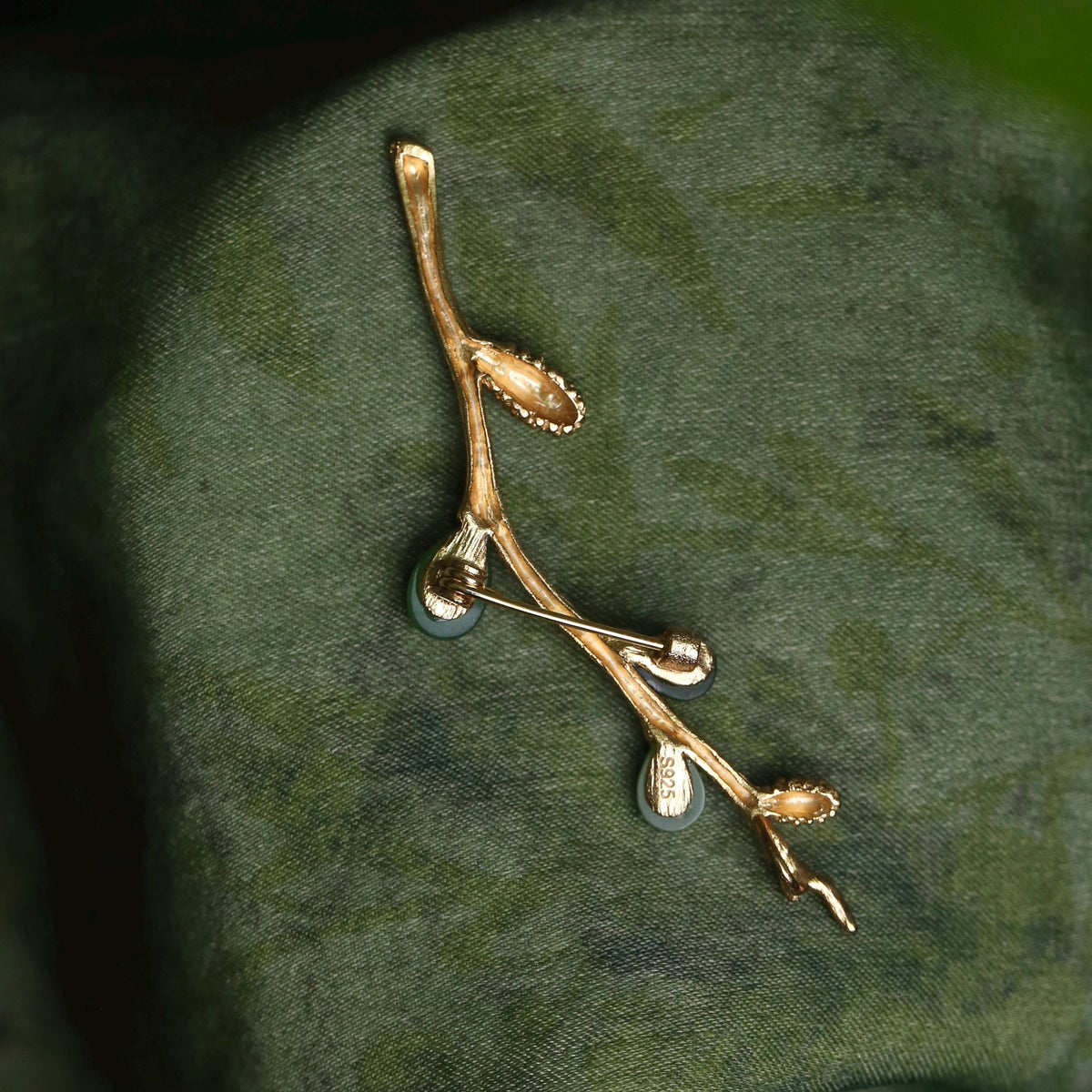 Morado Hand-Carved Green Jade Brooch, Gold-Plated Sterling Silver Branch Pin, Multi-wear design