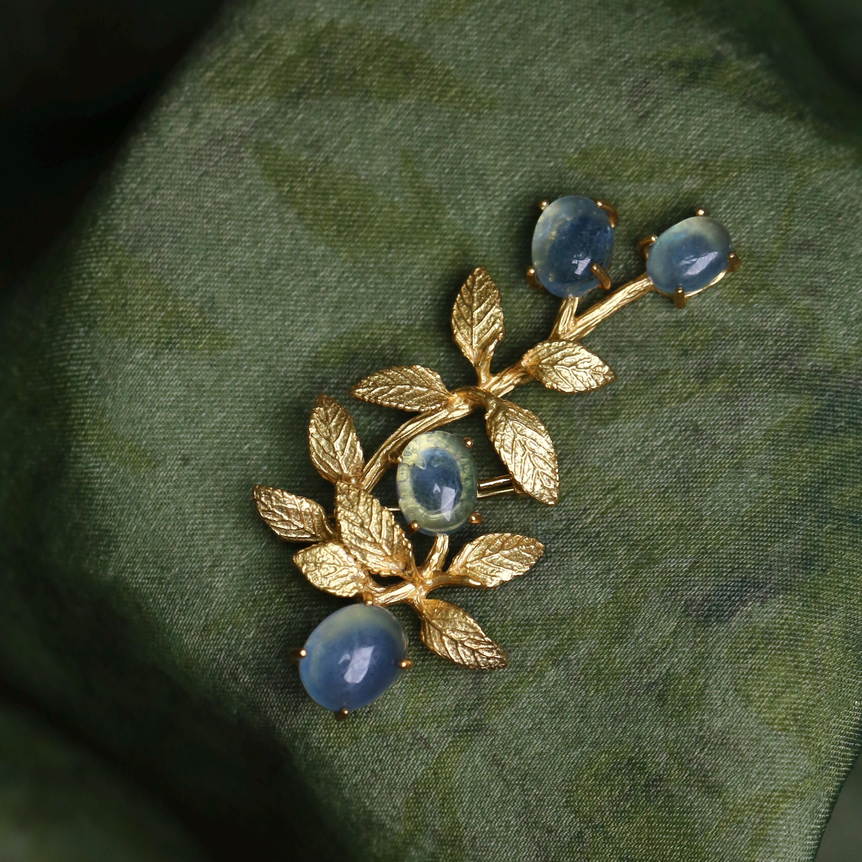 Morado Aquamarine Gold-Plated Botanical Silver Pin, Handmade Natural Gemstone Multi-wear pin